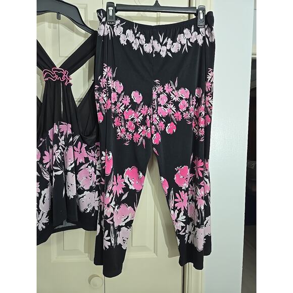 LINEA DONATELLA SLEEPWEAR Top And Bottom Sz LG Black W Pink Floral Print Halter - Picture 3 of 8